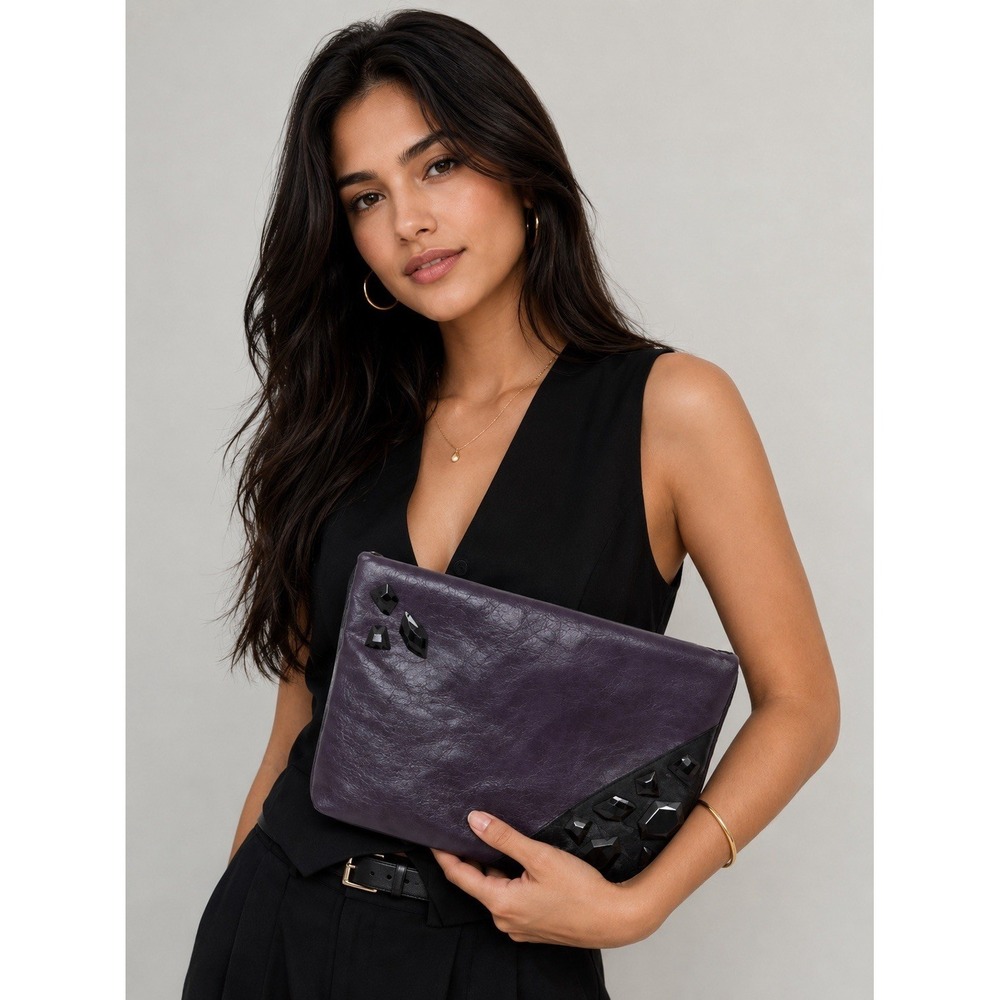 Gianni Bini Purple Clutch and Black Ornamental Jewel Accents Leopard Lining #6‎